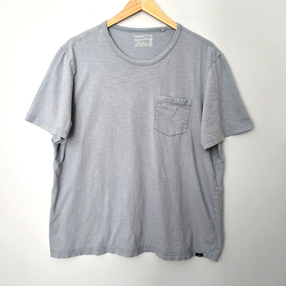 Faherty T-Shirt Mens XXL Blue-Gray Sunwashed Organic Cotton Pocket Short Sleeve
